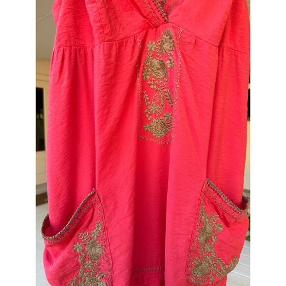 Y2K Red/Pink Boho Embroidered Pocket Mini Dress – Size Medium - Picture 2 of 3